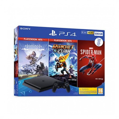 PS4 Console (500GB) + Horizon Zero Dawn + Ratchet + Spiderman